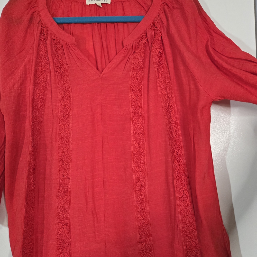 Retrology Vibrant Red Blouse with Delicate Patterns